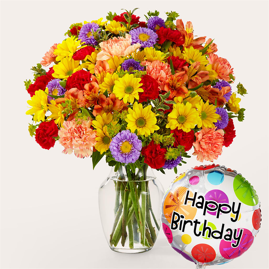 Kaleidoscope Bouquet with Birthday Balloon – ROCKY'S FLOWERS, West Terre Haute IN