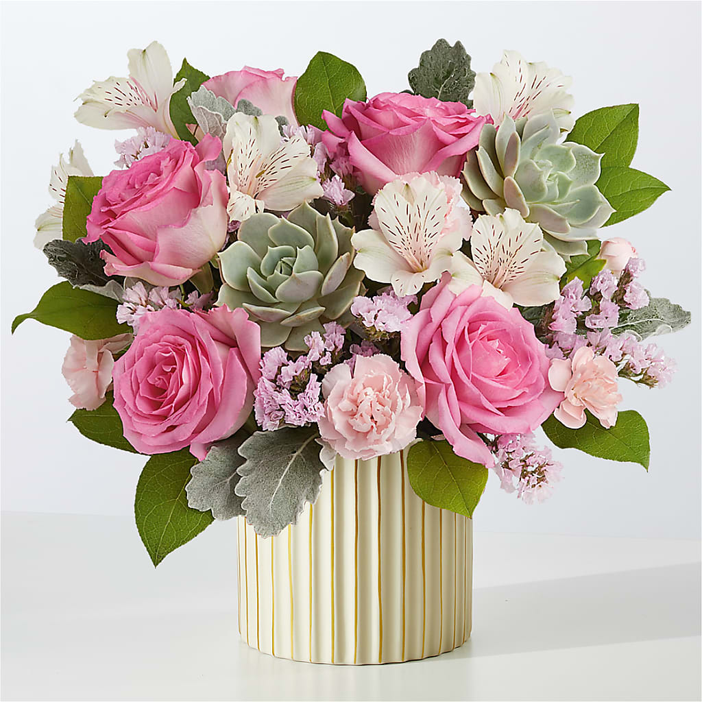 Dusty Rose Bouquet with Ivory Vase – ROCKY'S FLOWERS, West Terre Haute IN