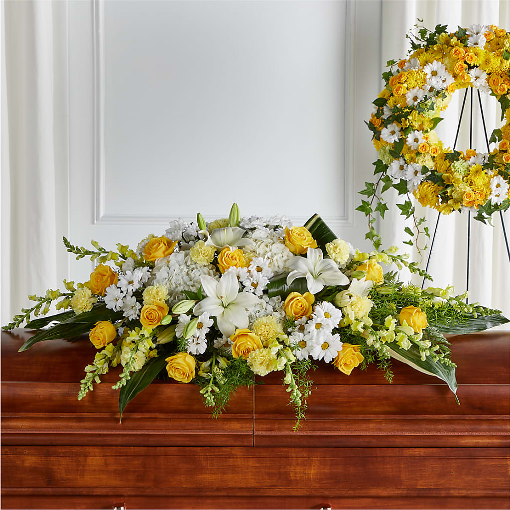 Golden Harmony Casket Spray – ROCKY'S FLOWERS, West Terre Haute IN