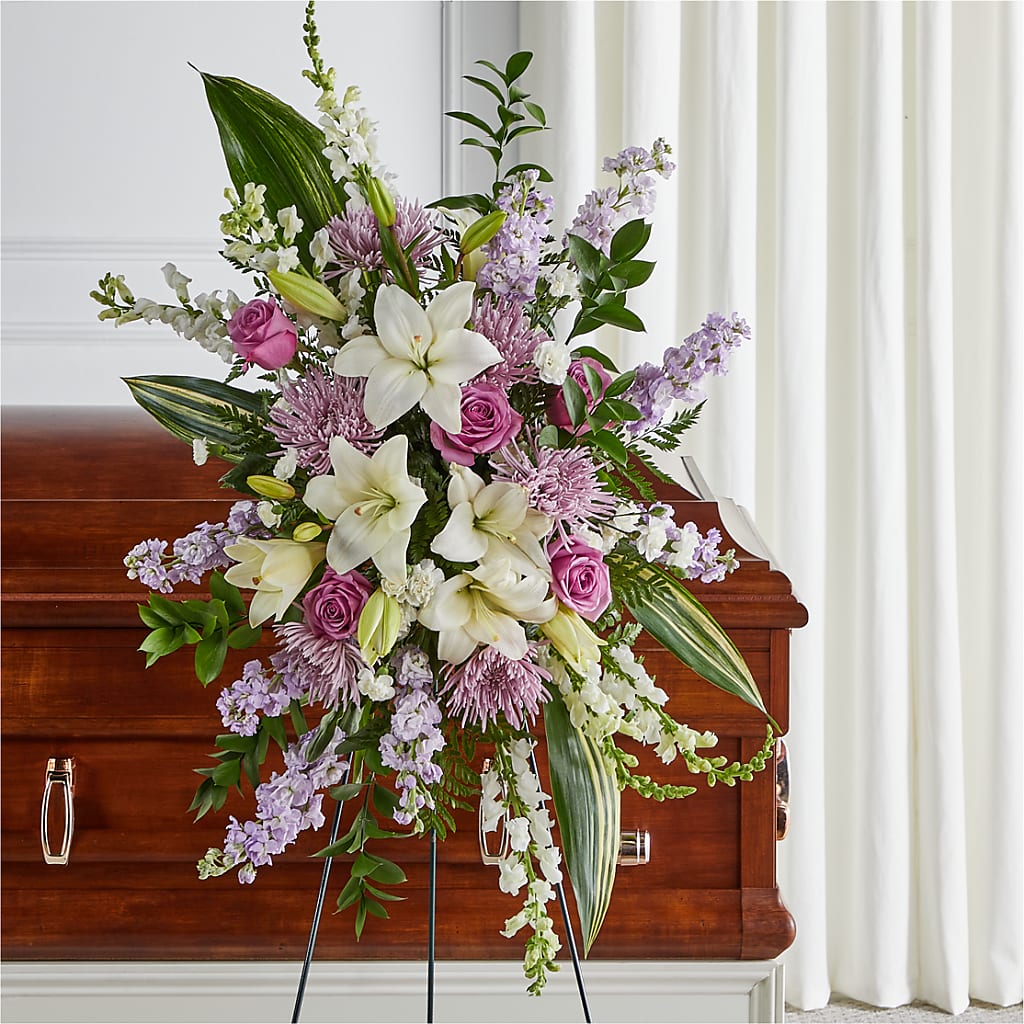 Grateful Hearts Standing Spray – ROCKY'S FLOWERS, West Terre Haute IN