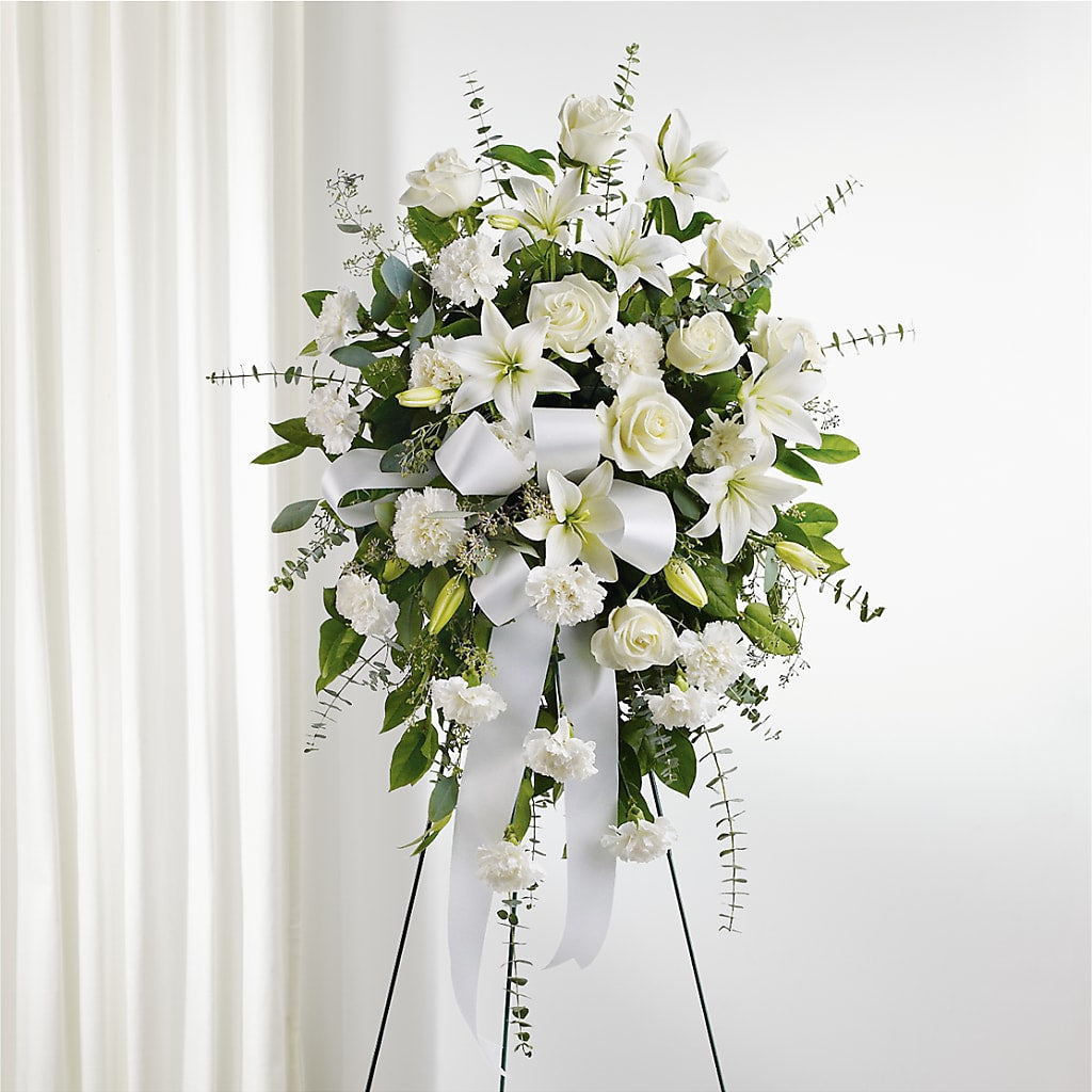 With Care Standing Spray – ROCKY'S FLOWERS, West Terre Haute IN