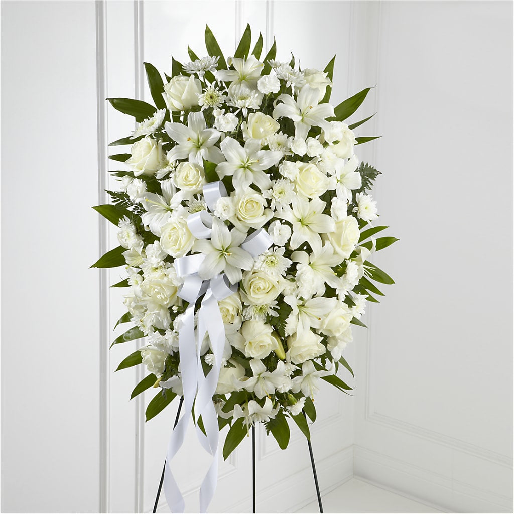 Exquisite Tribute Standing Spray-White Ribbon – ROCKY'S FLOWERS, West Terre Haute IN