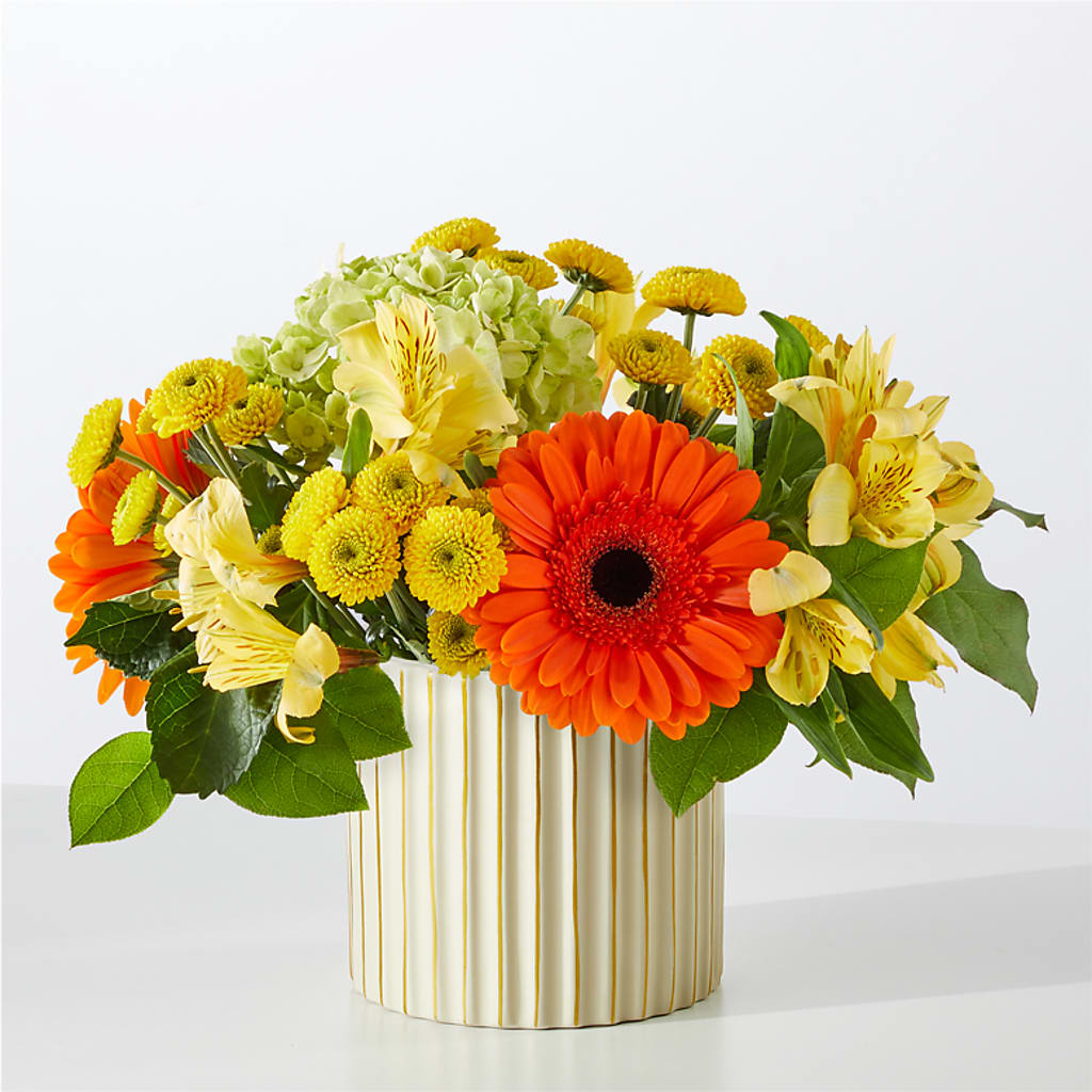Autumn Sunshine Bouquet with Ivory Vase – ROCKY'S FLOWERS, West Terre Haute IN