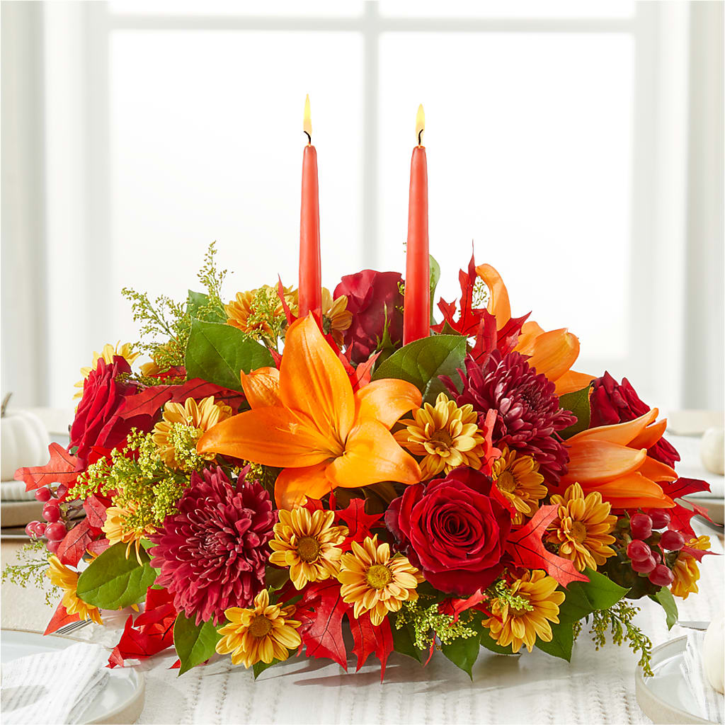 Autumn's Embrace Centerpiece – ROCKY'S FLOWERS, West Terre Haute IN