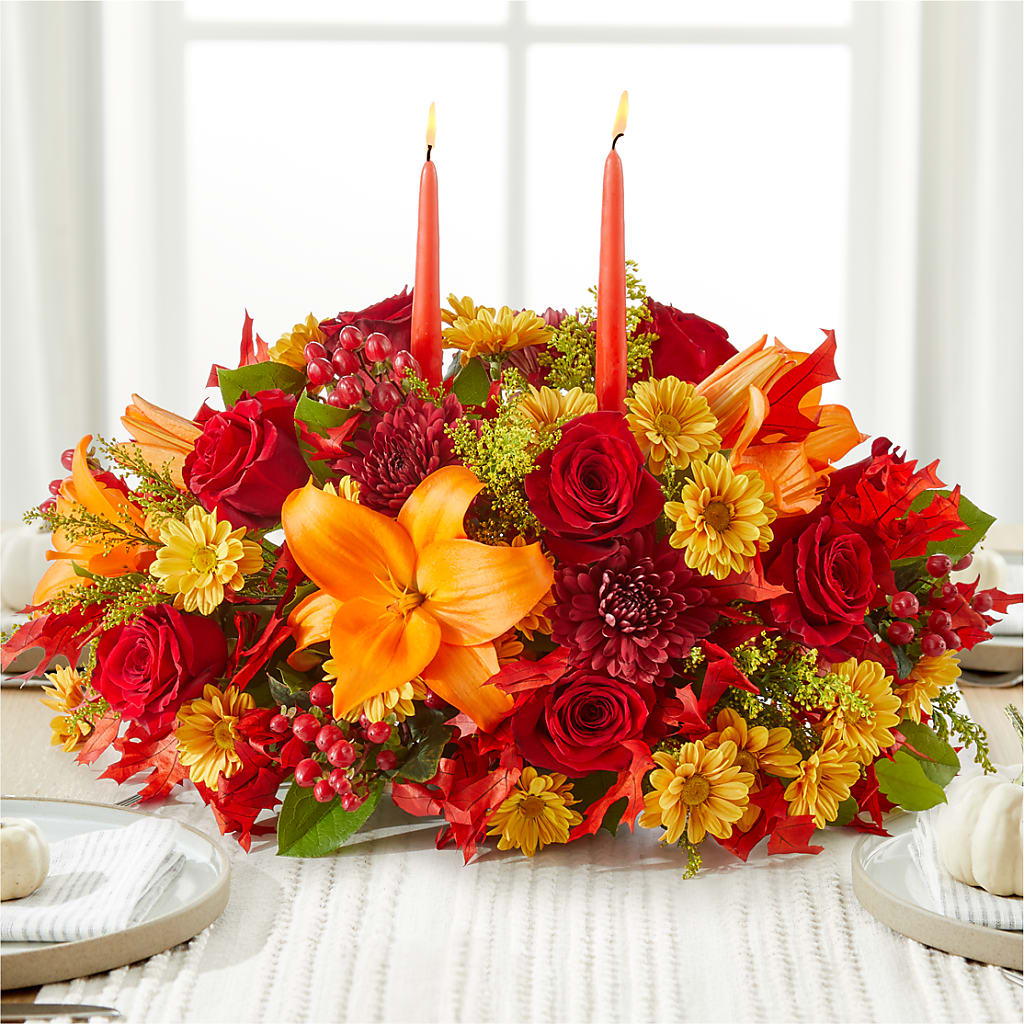 Autumn's Embrace Centerpiece – ROCKY'S FLOWERS, West Terre Haute IN